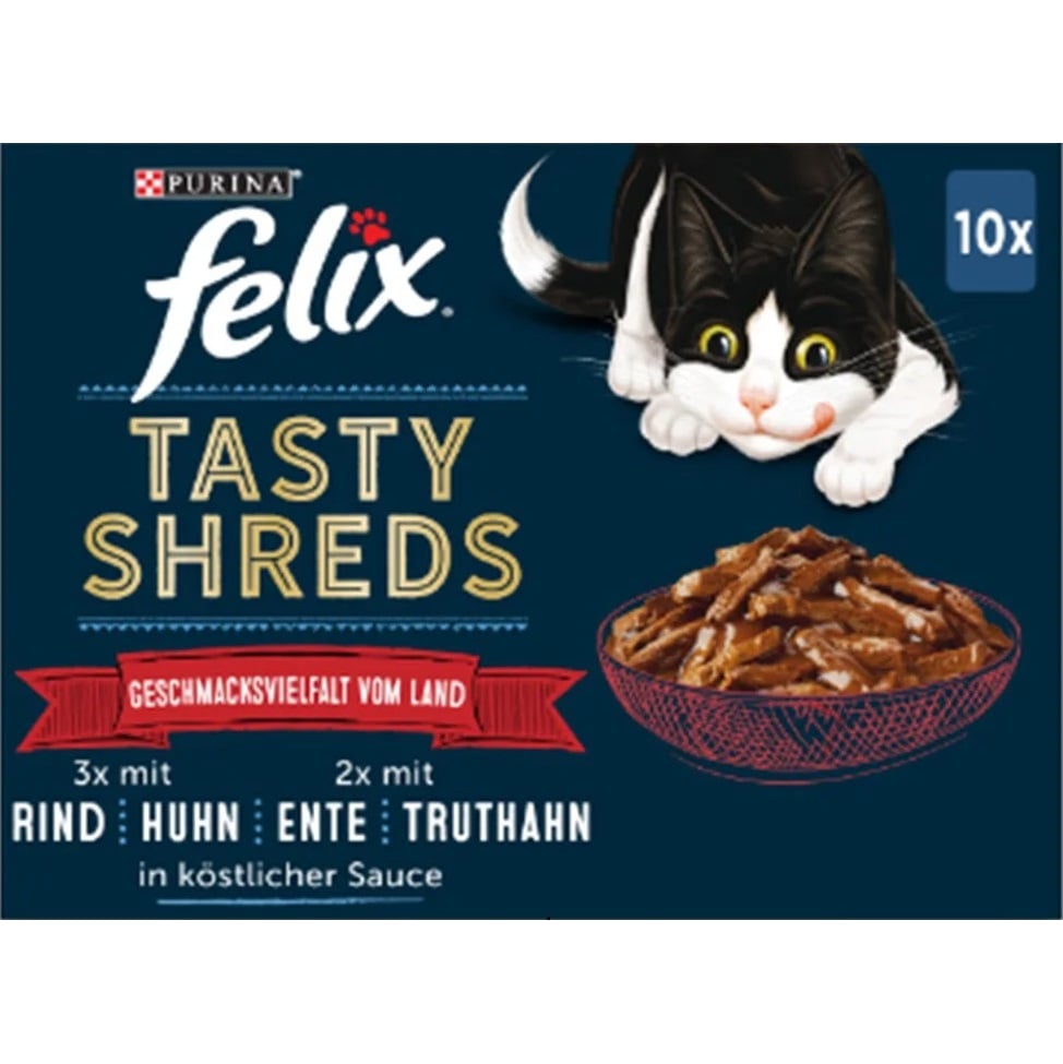 Felix 10x80g Tasty Shreds - Hovězí, kuřecí, kachní, krůtí