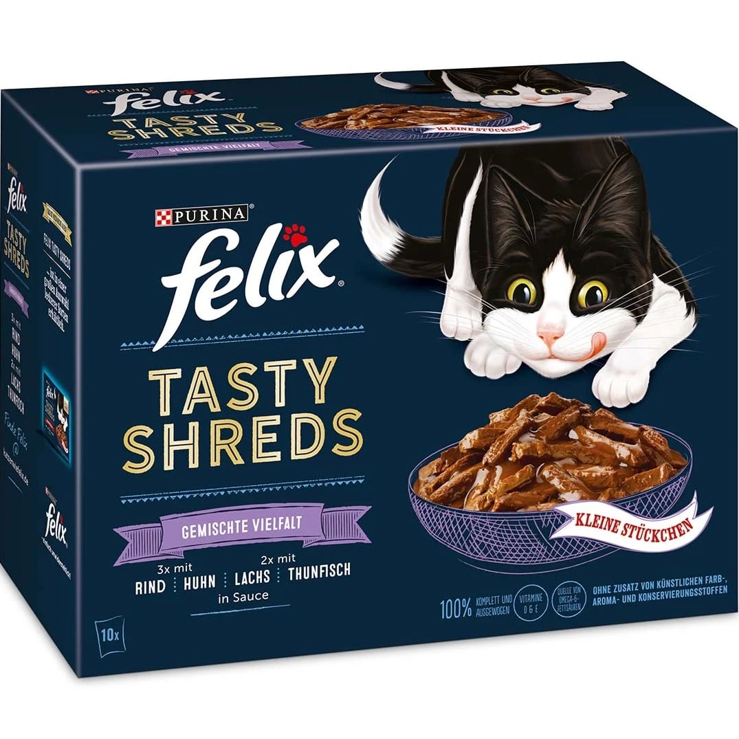 Felix 10x80g Tasty Shreds - Hovězí, losos, tuňák