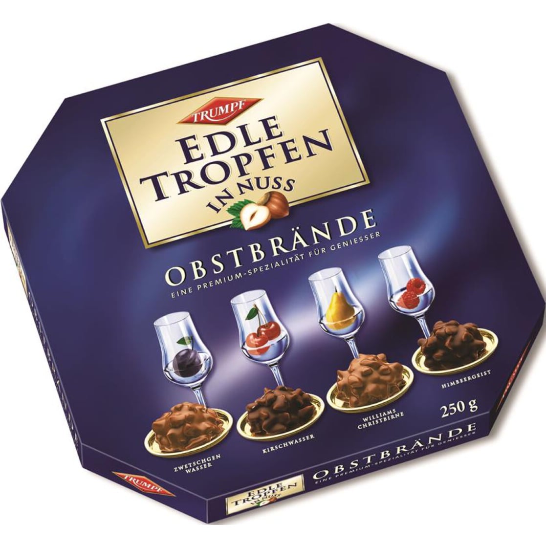 Edle Tropfen in Nuss 250g Obstbrände