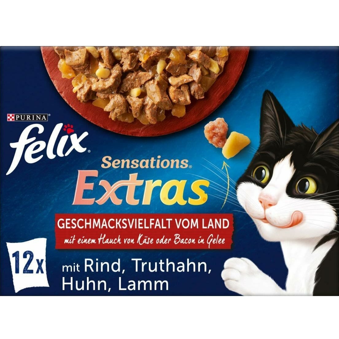 Felix 12x85g Sensation Extras - Hovězí, krůtí, kuřecí, jehněčí